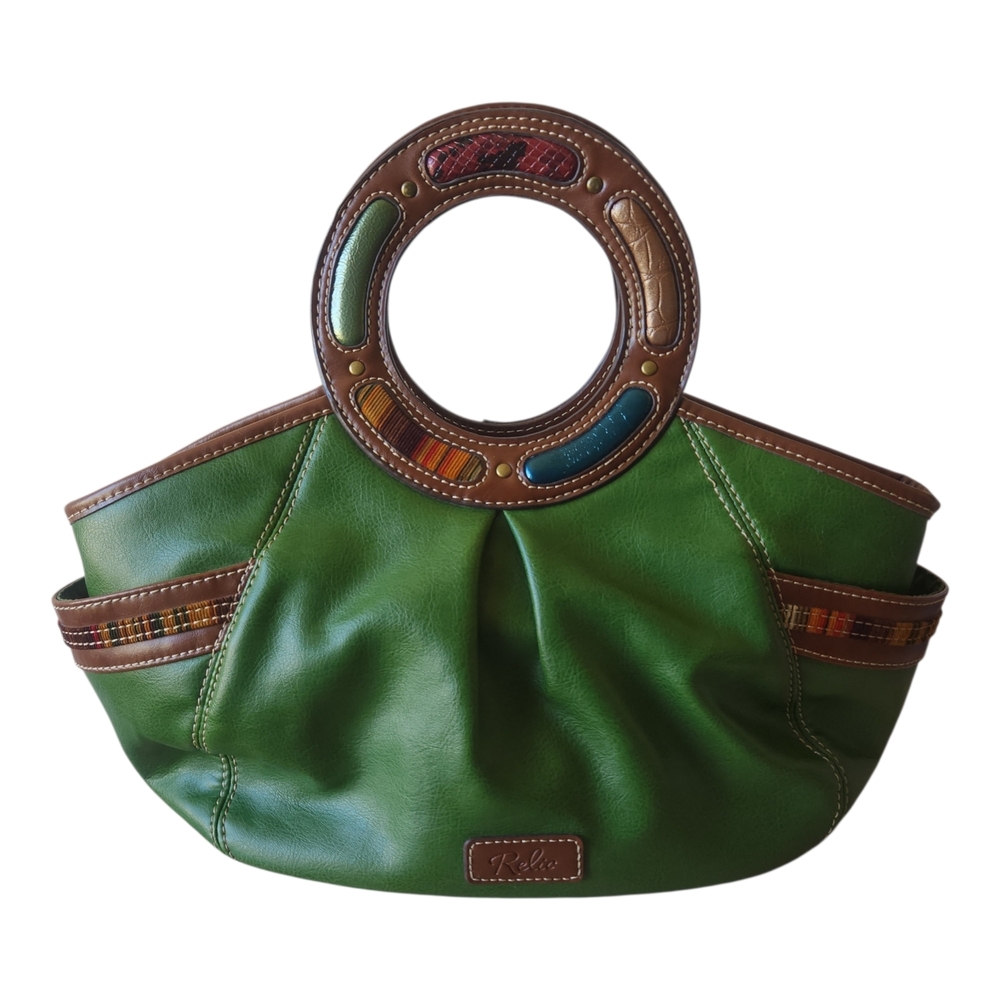 Relic Green Leather Circle-Handle Clutch with Brown Trim. Vintage Hippie